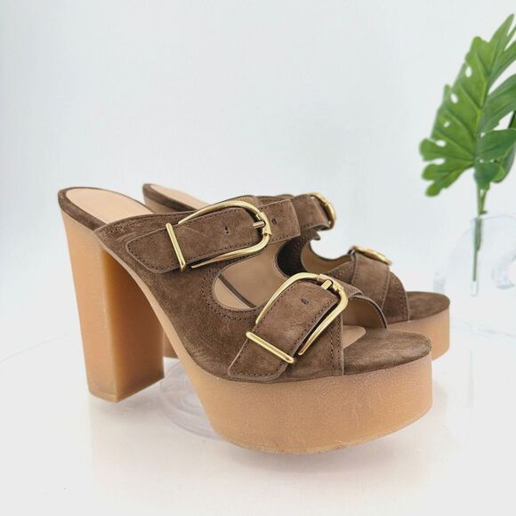 Veronica Beard Garrick Chunky Suede Platform Slide Sandals Buckle Brown 9M Heavy - Picture 1 of 16